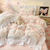 French Princess Lace Ruffles Bedding Set Washed Cotton Skin-friendly Duvet Cover Set with Sheet Soft Printed Flowers Quilt Cover