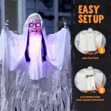 no 43" Outdoor Halloween Decoration, Scary Girl Hanging Ghost Decor Sound Activated with Light-up Head for Yard, Patio, Haunted House Lawn Garden