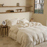 Cotton and Linen Vintage Hollow Lace Edge Bedding Set Queen King Size Duvet Cover Set Flat/Fitted Bed Sheet Pillowcases 4Pcs