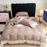 Vintage Plaid Pure Cotton double-layer yarn four-piece set French lace Bedding Set Duvet Cover Pillowcases Flat/Fitted Bed Sheet