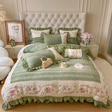 Romantic French Vintage Carved Velvet Lace Ruffles Flowers Embroidery Bedding Set Velvet Fleece Duvet Cover Bed Sheet Pillowcase
