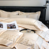600TC Egyptian Cotton Light Champagne Color Luxury Embroidery Bedding Set Duvet Cover Set Flat/Fitted Bed Sheet Pillowcases 4Pcs