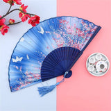 Retro Chinese Style Folding Fan Bamboo Wooden Silk Dance Fan with Tassel Female Wedding Party Performence Hand Held Fan Props