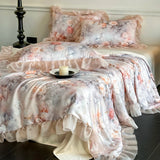Silky Soft Cooling Summer Quilt Set Flat sheet 2 Pillowcases for Hot Sleepers Flowers printed Lace Blanket 200x230cm Queen Size