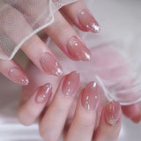 24Pcs Nude Pink Nail Tips Short Round Head False Nails with Design Wearable Finished Fake Nails Full Cover Press on Nails