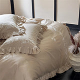 Flowers Embroidery Ruffles Purple Luxury Bedding Set 1000TC Egyptian Cotton Duvet Cover Flat/Fitted Bed Sheet Pillowcases 4Pcs