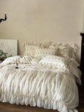 4Pcs Vintage French Pure Cotton Rose Print Pleated Lace Ruffles Bedding Set Queen King Size Duvet Cover Set Bed Sheet Pillowcase