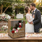 OurWarm Wedding Card Box with Rustic Flower Trough & Acrylic Board, Natural Brown Wooden Card Boxes for Wedding Reception
