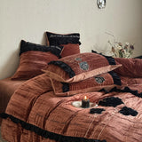 Heavyweight Flannel Bedding Set 4-Piece, Fleece Winter Warm Comforter Cover, Classical Floral Wrinkle Applique Embroidery
