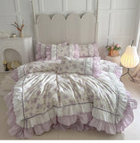 Pink Floral Double Layer Lace Ruffles 100% Cotton Bedding Set Duvet Cover Set Bed Sheet/Bed Skirt/Fitted Sheet Pillowcases 4Pcs