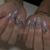Almond Press on Fake Nails 3D Ripple Star False Nails Blue Smudge Detachable Full Cover Nails Tips 3D Shell Pearl Acrylic Nail
