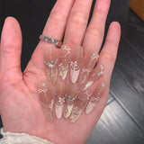 10pcs French Bowknot Fake Nails Glitter Diamond Stick on Nails Long Stiletto False Nails Mini Flowers Nail Tip Cat Eye Nail Art