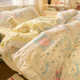 Korean Princess Style 4Pcs Floral Ruffles Bedding Set Single Queen Size Soft Skin-friendly Washed Cotton Duvet Cover Pillowcase
