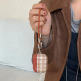 Korea lovely brown plaid soft silicone protection case with leather lanyard fall prevention for airpods 1 2 3 4 pro 2 4nd cover