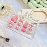 Flower Press on Nails Short Square Fake Nails with Pink Checkered Stick on Nail Cute Acrylic False Nail Spring Summer Nails
