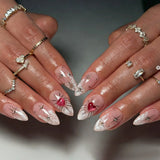 Luxury Golden Patterns French False Nails Red Heart Acrylic Press on Nails Sweet Almond Ins Fake Nails with Metallic Gold Accent