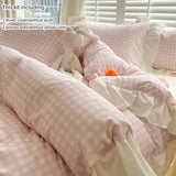 4pcs  Korean lace Duvet Cover Set (1*Duvet Cover +1 flat sheet + 2*Pillowcase, Without Core), Pink checkered print Bedding Set