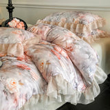 Silky Soft Cooling Summer Quilt Set Flat sheet 2 Pillowcases for Hot Sleepers Flowers printed Lace Blanket 200x230cm Queen Size