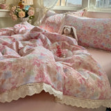 Korean Style Girly Heart Floral Double Layer Gauze Four-Piece Set Princess Style Lace Trim Quilt Cover Bed Sheet Dormitory