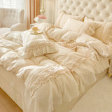 4Pcs French Light Luxury Cream Princess Style pure Cotton 100% Bedding Set Luxury Duvet Cover 200x230 220x240 Pillowcase Summer