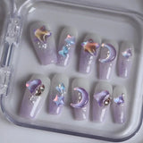 10pcs handmade dark sweet y2k fake nails with glue pink star press on nails long shiny hot girl designs false nails with tools