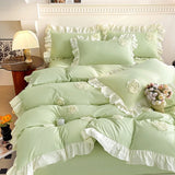 Korean Princess Style Flowers Lace Ruffles Bedding Set Comforter Queen King 4Pcs Duvet Cover Bed Sheet/Fitted Sheet Pillowcase