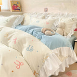 French Princess Lace Ruffles Bedding Set Washed Cotton Skin-friendly Duvet Cover Set with Sheet Soft Printed Flowers Quilt Cover