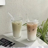 Glass Coffee Mug with Straw Transparent Straw Glass Mug with Lid Household Vertical Stripe Water Mug Drinkware