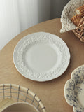 French Relief Dining Plate Household Breakfast Bread Disc Nordic Style White Ceramic Tableware Retro Versatile Dessert Plates