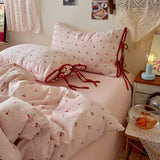 Ins Cherry Bedding Set Bow Tie Closure Duvet Cover Set Soft Flat Sheet Single Double Bed Sheet Set For Girls Bedroom