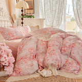 France Lace Princess Bedding Set Luxury Pink Egyptian Cotton Flowers Duvet Cover Sets Fitted Bed Sheet Pillowcases Home Textile