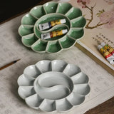 Ceramic Color Plate Handmade Celadon Palette Jingdezhen Ru Kiln Plum Blossom-shaped Watercolor Paint Tray Pen Holder Color Plate