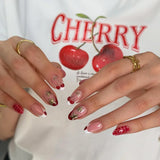 24pcs Love Bow False Nails Sets Cherry Strawberry Short Almond Full Cover Nail Tips Colorful Fake Nail Playing Cards Manicure