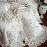 Vintage French Lace Flower Prints Bedding Set 100% Cotton Double Yarn Soft Duvet Cover Flat/Fitted Bed Sheet Pillowcases 4Pcs