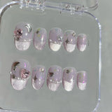 10Pcs Cute Handmade Press on Nails Full Cover Rhinestone Design French Short Almond False Nails Wearable Manicure Nail Tips Art