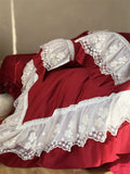 1200TC Egyptian Cotton Lace Ruffles Princess Wedding Style Pink Bedding Set Duvet Cover Flat/Fitted Bed Sheet Pillowcases 4Pcs