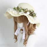 Mori Girl Flower Lace Ribbon Lolita Straw Hat Elegant Princess Lolita Flat Cap Sun Beach Cap