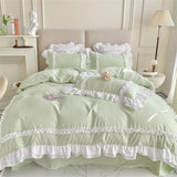 Elegant Lace Bedding Sets Luxury Bed Linen Korean Princess Style Washed Cotton Ruffle Duvet Cover Bed Sheet Pillowcases for Girl