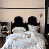 Vintage French Lace Ruffles Butterfly Embroidery Bedding Set 100S Egyptian Cotton Duvet Coves Bed Sheet Pillowcases