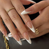24pcs Wearable French False Nails Art Ocean Long Almond Fake Nail Tip Pearl Design Press on Nails Gradient White Full Cover Nail