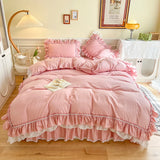 4Pcs White Korean Princess Style 100% Cotton Bedding Set Double Layer Lace Ruffles Duver Cover Bed Skirt Bedspread Pillowcases