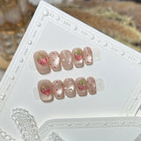 10Pcs Cute Girl Short Square Press on Nails Pink Cat Eye Nail Aurora Butterfly Strawberry Polka Dot Heart Fake Nail Tips Daily