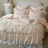 High End Egyptian Cotton Bedding Set Luxury Pink Lace Embroidery Princess Duvet Cover Bed Sheet Pillowcases Home Textile