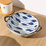 7.5inch Japanese Noodle Bowl With Dual Handles Cat Ceramic Salad Bowl Cat Plant Flower Pattern Kitchen Soup Tableware Bowl