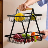 2/3 Tier Kitchen Organizer Rack Fruit Basket with Detachable Metal Holder and Wooden Handle Vegetable Bread Snacks Storage Shelf
