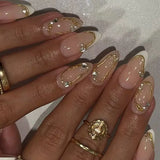 24Pcs French Y2K Sweet Cool Press on Nails Almond False Nails Metal Line Fake Nails Shiny Diamond Nail Black Heart Wearable Nail