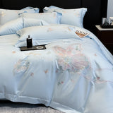 100% Egyptian Cotton Butterfly Flowers Embroidery Premium Luxury Bedding Set Duvet Cover Flat/Fitted Bed Sheet Pillowcases 4Pcs