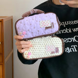 Quilted Pencil Case with Star and Polka Dot Appliques, Heart-Shaped Buttons, Large Capacity Student Stationery Bag, Dual-Use Mak
