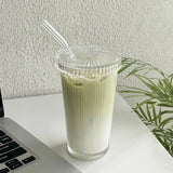Glass Coffee Mug with Straw Transparent Straw Glass Mug with Lid Household Vertical Stripe Water Mug Drinkware