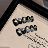 10Pcs Retro Handmade Cat Eye Press on Nails Full Cover Flower Short Blue French Ballet False Nails Artificial Wearable Manicure